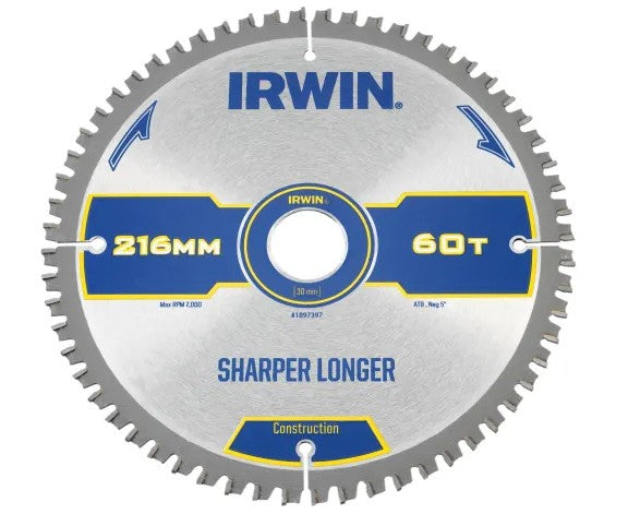 Irwin Construction Mitre Circular Saw Blade 216 x 30mm x 60T