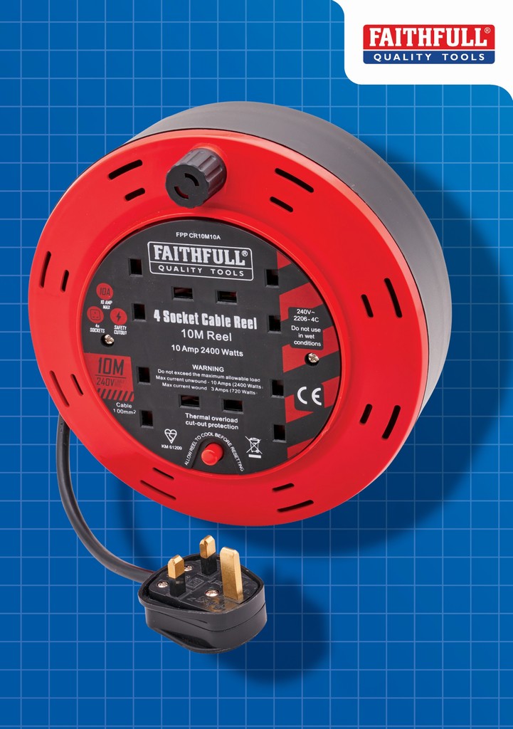 Faithfull 10m Cable Reel 10A, 4 Sockets