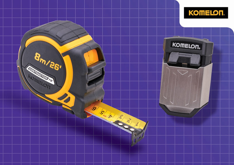 Komelon 8m (26ft) Contractors Tape With Free Belt Clip