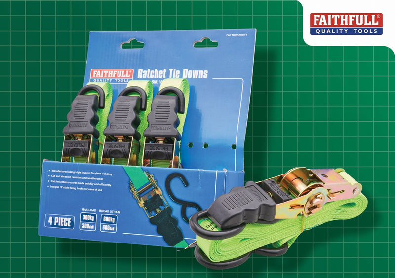 Faithfull Ratchet Tie-Downs 5m x 25mm Green 4 Piece