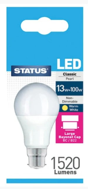 BC LED 13W Lumens Pearl Warm White Light Bulb