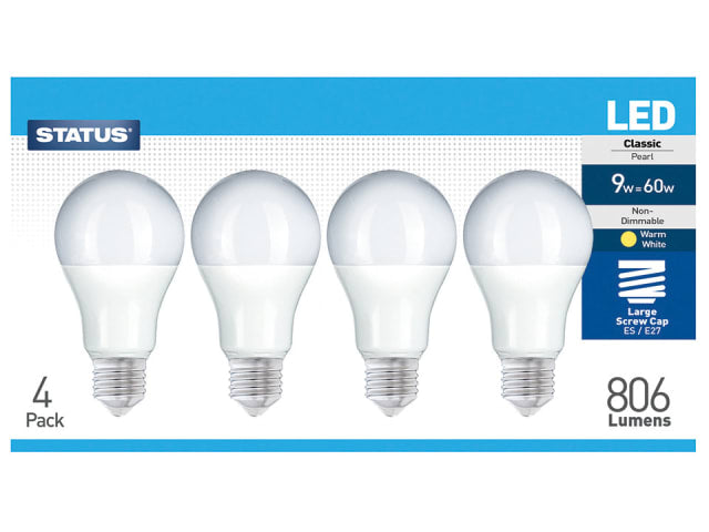 GLS LED 9W 810 Lumen Pearl Edison Screw Warm White x 4