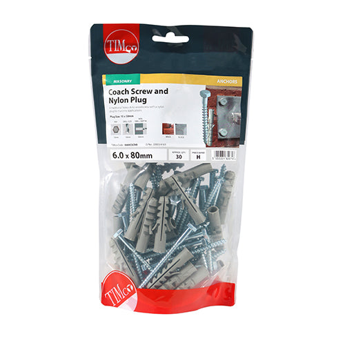 Coach Screw & Nylon Plugs Bag of 30 6.0 x 80mm