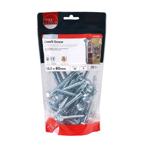 Coach Screw BZP Pack of 30 10.0 x 80mm