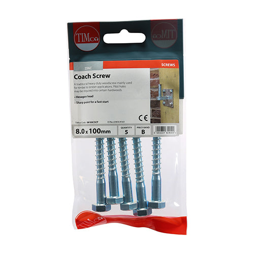 Coach Screw BZP Pack of 5 8.0 x 100mm