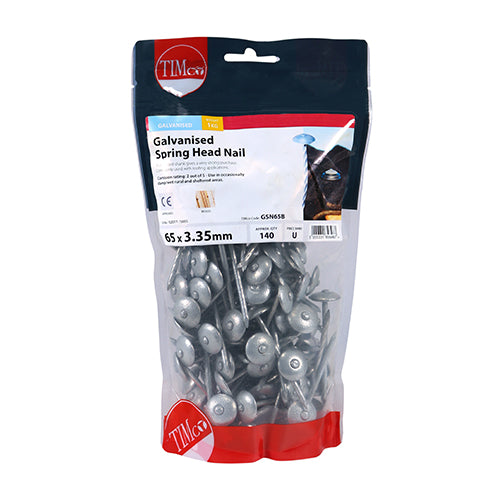 Spring Head Nails - Galvanised 65mm x 3.35 - 1Kg