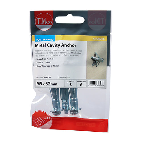 Cavity Anchor - BZP M5x52 (60mm Screw) Pack of 3