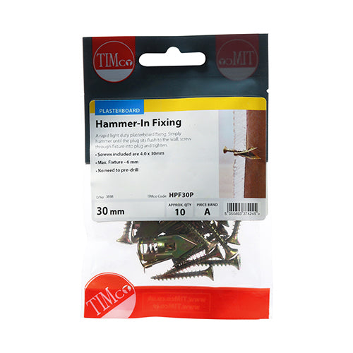 Hammer-In Plasterboard Fixing 4 x 30mm Pack of 10