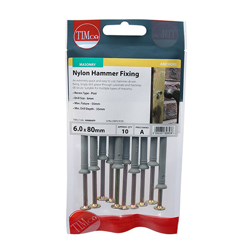 Nylon Hammer Fixing - ZYP 6.0 x 80mm Pack of 10