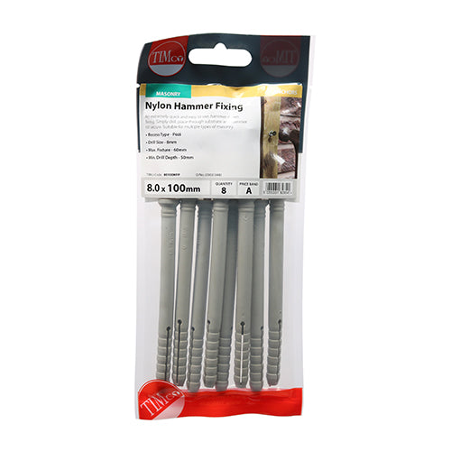 Nylon Hammer Fixing - ZYP 8.0 x 100mm Pack of 8