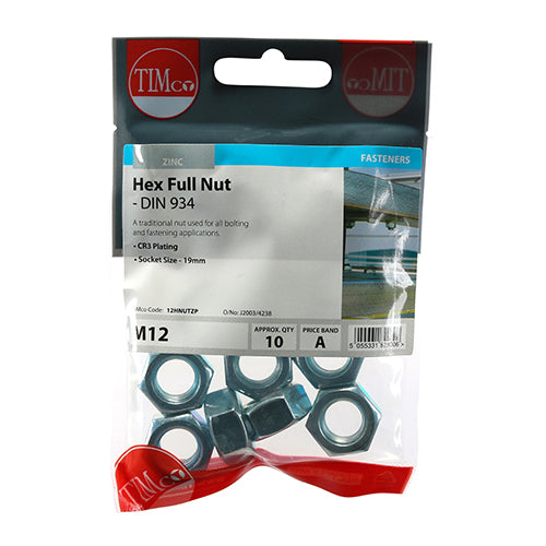 Hex Nut DIN 934 - BZP M12 Pack of 10