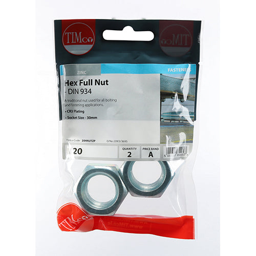 Hex Nut DIN 934 - BZP M20 Pack of 2