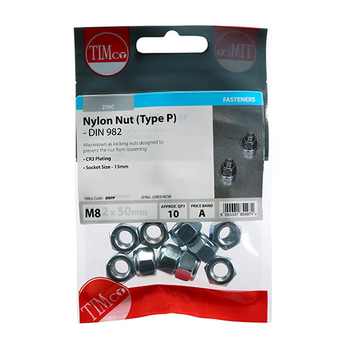 P Nylon Nut DIN 982 - BZP M8 Pack of 10