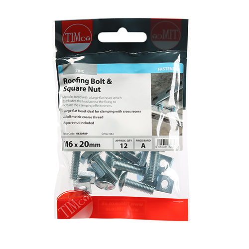 Roofing Bolt & SQ Nut - BZP M6 x 20 Pack Of 12