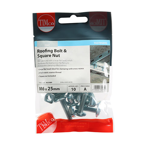 Roofing Bolt & SQ Nut - BZP M6 x 25 Pack Of 10