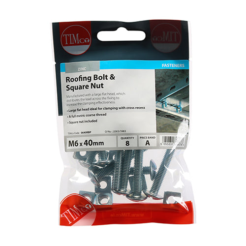 Roofing Bolt & SQ Nut - BZP M6 x 40 Pack Of 8