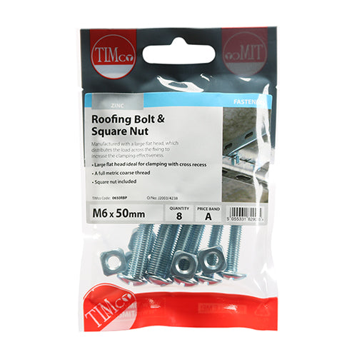 Roofing Bolt & SQ Nut - BZP M6 x 50 Pack Of 8