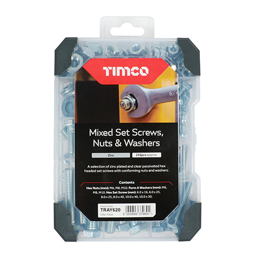 Timco Mixed Tray - Set Screws Nuts Washers - Zinc 199pcs
