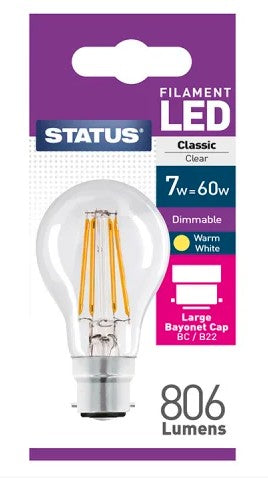 GLS Filament LED 7W 806 Lumen Clear Bayonet Cap Dimmable WW