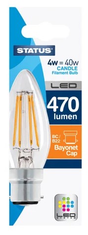Candle Filament LED 4W 470Lm Clear Bayonet Cap Dimmable WW